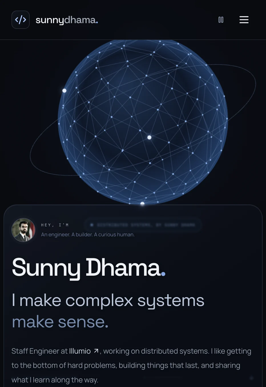 Sunny Dhama’s portfolio, showing a blue network globe and introduction